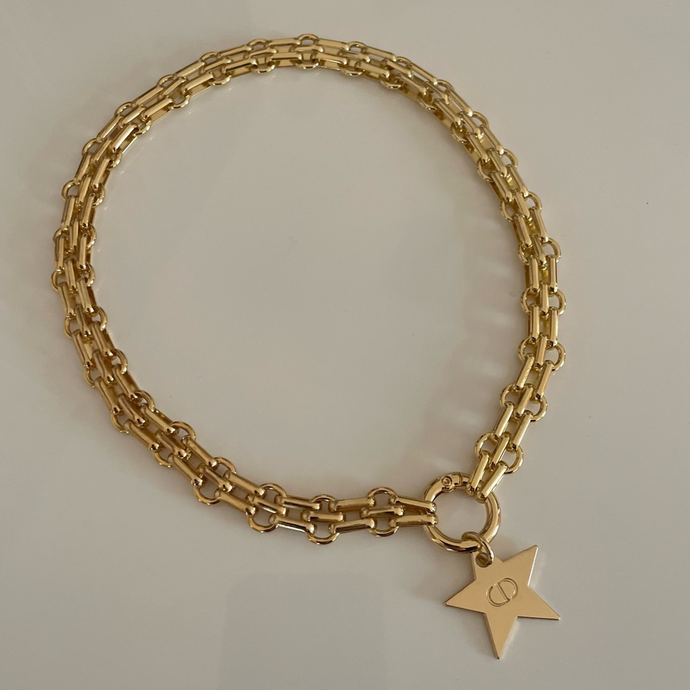 DIOR CD Gold Chain Necklace logo jewelry 17in star pendant